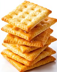 Stacked crackers show texture, square shapes, and salty crystals on white