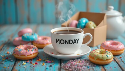 Steaming cup of coffee labeled Monday surrounded by colorful sprinkled donuts on rustic wooden
