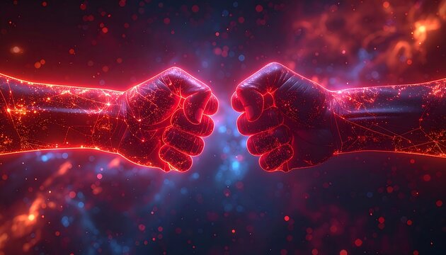 Two glowing, futuristic fists facing each other against a cosmic, nebulous backdrop with red and blue hues