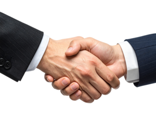 Two businessmen in suits shaking hands firmly as a symbol of agreement and partnership isolated on transparent background