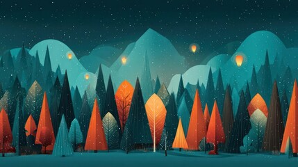 Magical forest at night with glowing lanterns floating above colorful trees and distant mountains