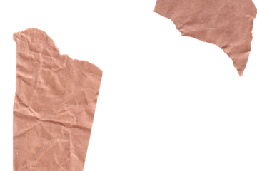 Two torn pieces of brown paper with rough edges, set against a black background. The paper has a wrinkled texture, suggesting it might be crumpled or aged.
