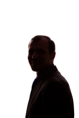 Smiling man young unshaven business clothes silhouette - white background isolate