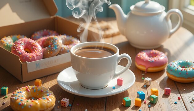 Steaming cup of hot coffee surrounded by colorful sprinkled donuts and playful dice cubes on