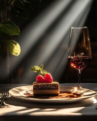 dessert spotlighted with intense backlight and cinematic shadows across fine-dining table, cinematic style 