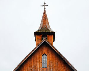 Wooden church with spire and cross against a gray sky