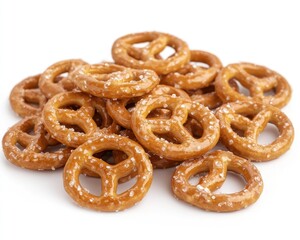 Pile of small, salty, twisted pretzels on a white surface, seen from a close-up angle