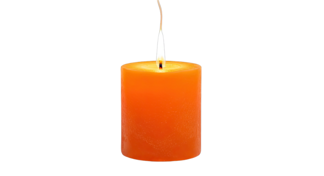 A Detailed Studio Portrait Of A Thick Orange Candle With A Lit Wick And Bubbles Against A Transparent Background