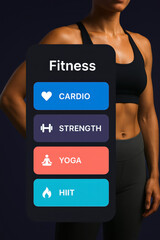 Fitness mobile app interface on black background with fit woman