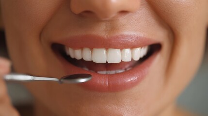 Fototapeta premium Close up of a healthy white smile and lips with a dental mirror during an examination