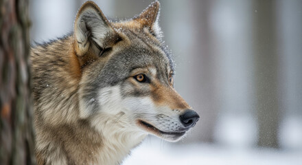Fototapeta premium Close Up Side Profile Portrait of a Gray Wolf Looking Away in Snowy Winter Forest Landscape