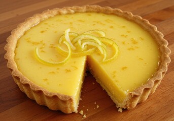 Bright citrus tart dessert with lemon zest and flaky crust on a wooden surface, sweet pastry treat, lemon tart recipe, bakery goods