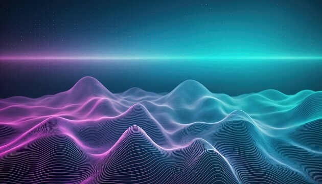 Dynamic abstract landscape with glowing neon waves and digital particles, perfect for futuristic tech and data visualization themes.