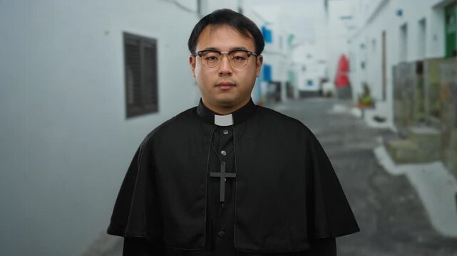 Asian priest standing on a quiet narrow street in an urban setting, wearing glasses and a black clerical robe with a cross necklace, conveying a sense of calm and faith.