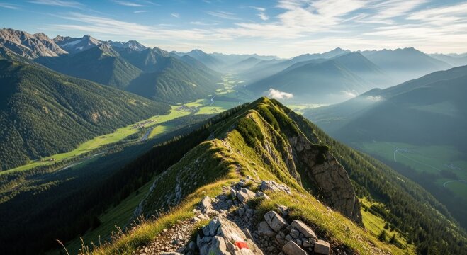 Majestic Alpine Ridge Trail with Panoramic Views of a Verdant Mountain Valley