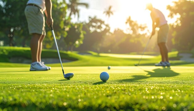 Two golfers putting on a lush, green course with a bright, sunny background under a clear sky