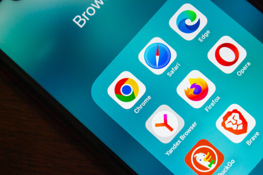 Quito, ECUADOR - Oct 6 2025 : Close-up of major web browser app icons including Chrome, Safari, Edge, Yandex, Firefox, Opera, DuckDuckGo and Brave.