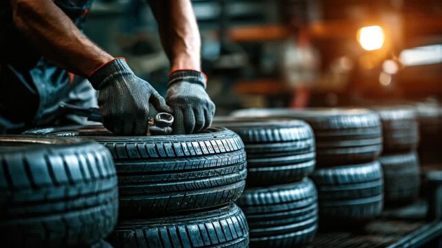 Mechanic's gloved hands work on a tire in a dimly lit garage; stacked tires in the foreground