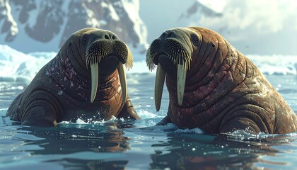 Two Large Walruses Stand Icy