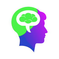 Colorful human head silhouette with a brain inside a speech bubble