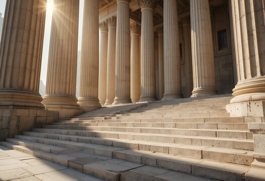Sunlit grand classical stone staircase with tall columns at historical building entrance