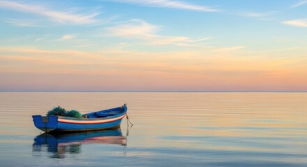 Naklejka premium Small Fishing Boat with Nets on Calm Water at Sunset