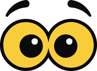 A pair of large, exaggerated cartoon eyes with yellow irises, black pupils, and thick, arched eyebrows, staring straight ahead.