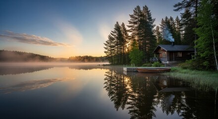 Serene Rustic Cabin by Misty Lake Shore at Golden Sunrise with Dock and Rowboat