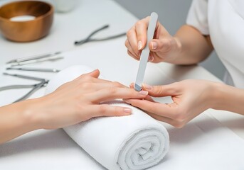 Nail Technician Filing and Shaping Client's Fingernails with Nail File in Professional Manicure Salon