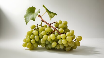 Fresh green grapes on a vine with leaves against a white background fruit