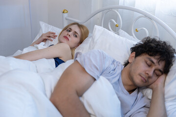 Couple bed sleep bedroom woman man white pillow love home
