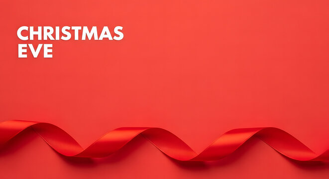 Christmas Eve Text with Wavy Red Silk Ribbon on Solid Red Background
