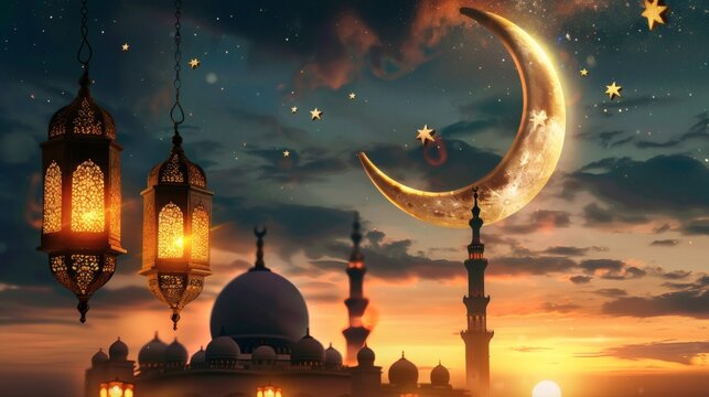 Enchanting Ramadan night with golden crescent moon and lanterns over mosque, radiating peace and spirituality, ideal for holiday greetings and cultural events