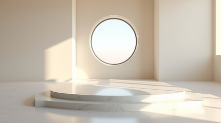 High-quality stock image of beige rock podium for product display sits on light beige surface. Natural light casts soft shadows on fuzzy beige background. Natural green leaves add touch.