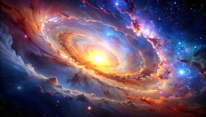 Vibrant cosmic spiral, swirling with nebula clouds and a bright core, set against a backdrop of twinkling stars