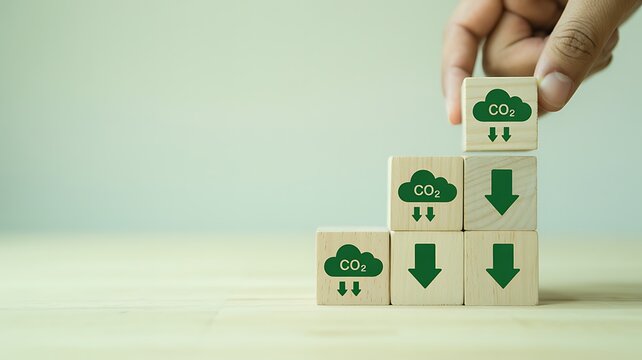 Hand stacking wooden blocks with C O2 reduction icons in a staircase pattern carbon dioxide decrease - Powered by Adobe