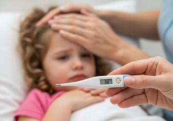 Hand Holding Thermometer Showing Fever, Mother Checking Sick Child's Temperature, Health and Illness Concept