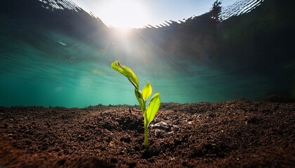 Underwater Sprout Emerging From Dark Soil Illuminated By Sunlight