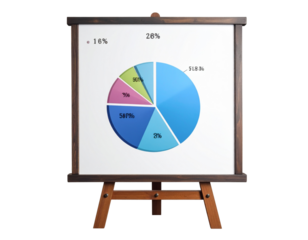Colorful pie chart on a whiteboard displayed on a wooden easel isolated on transparent background