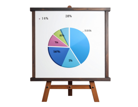 Colorful pie chart on a whiteboard displayed on a wooden easel isolated on transparent background