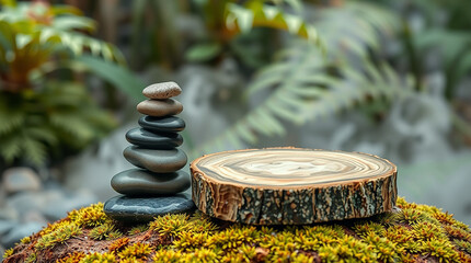 High-quality stock image of beige rock podium for product display sits on light beige surface. Natural light casts soft shadows on fuzzy beige background. Natural green leaves add touch.