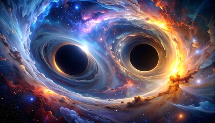 Two black holes amidst swirling celestial clouds of orange, blue, and white in a cosmic dance of gravity and light