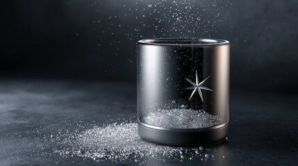 Transparent glass vessel with star motif, sparkling crystal particles falling and gathering at its base against a dark backdrop, evoking luxury, winter magic and festive glow