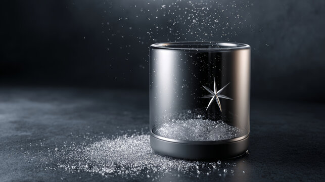 Transparent glass vessel with star motif, sparkling crystal particles falling and gathering at its base against a dark backdrop, evoking luxury, winter magic and festive glow