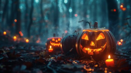 Enchanting Halloween night with glowing Jack-o'-lanterns in the forest, capturing the spooky spirit and magical ambiance of the holiday season for festive designs