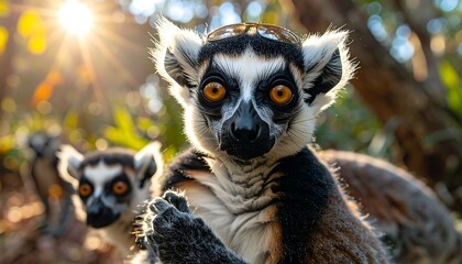 Obraz premium Two lemurs with striking orange eyes peer from the jungle foliage, bathed in a warm sunlit glow