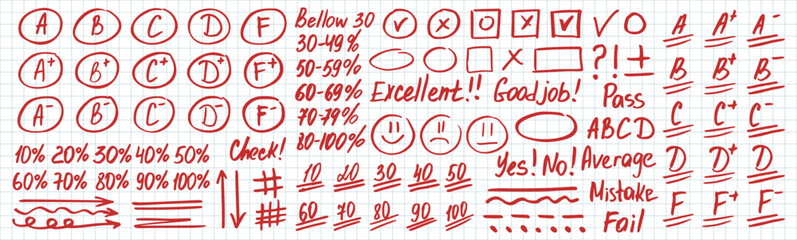 Exam grade red pen elements. Gradation elements for teachers in doodle hand drawn style. Doodle exam grade elements	