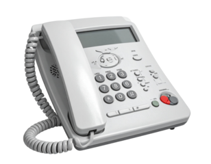 A white digital office telephone with a coiled cord and lcd screen isolated on transparent background