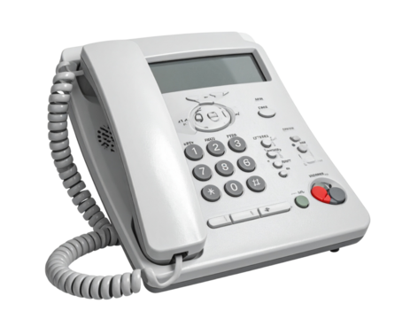 A white digital office telephone with a coiled cord and lcd screen isolated on transparent background