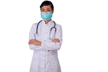 Asian female doctor wearing face mask and lab coat, arms crossed, standing confident for healthcare and medical concepts, transparent background